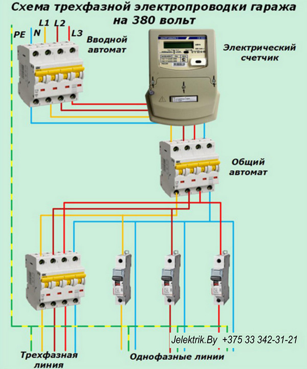Схема трехфазной электропроводки гаража