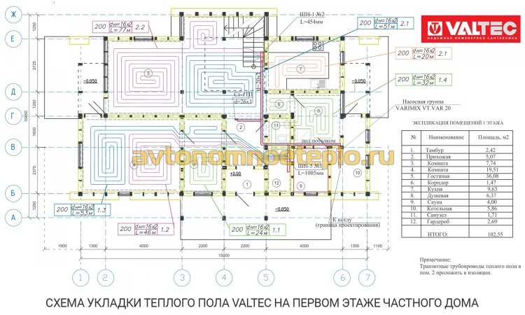 проект укладки трубы водяного пола Valtec на первом этаже загородного дома