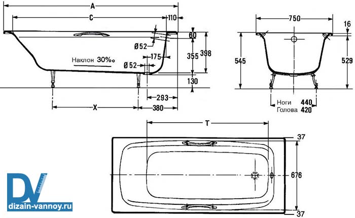 ширина ванны стандарт