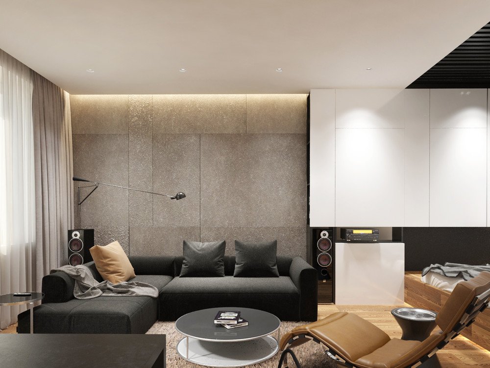 Серый диван в квартире холостяка современного стиля