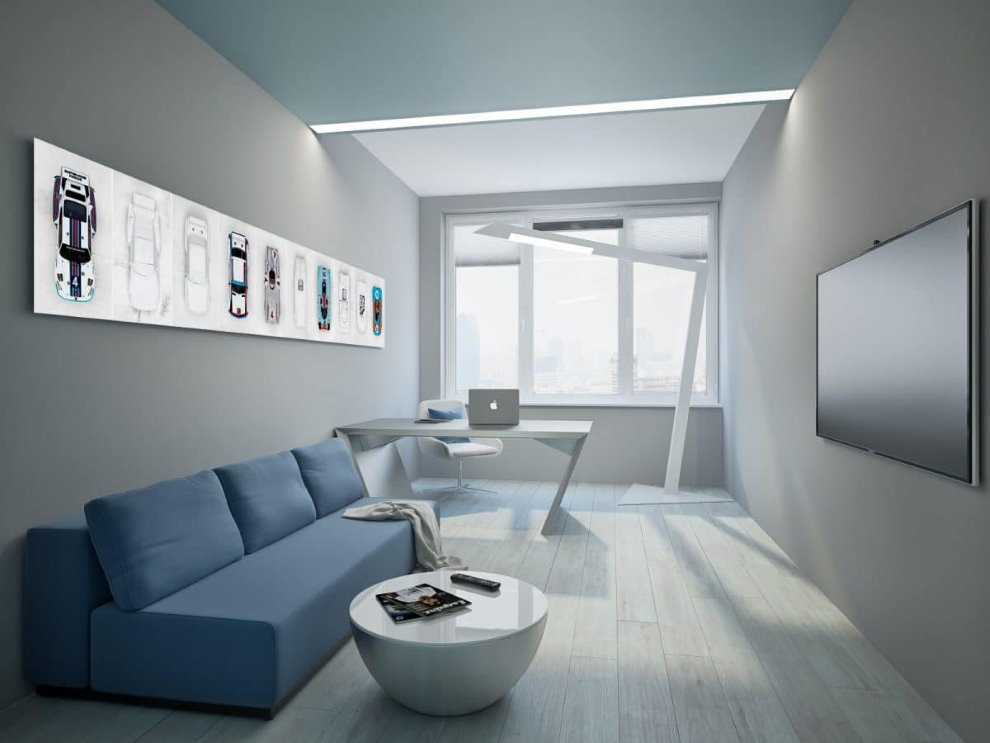 Узкая комната в стиле минимализма в двухкомнатной квартире холостяка