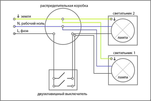 схема подключения двухклавишного выключателя