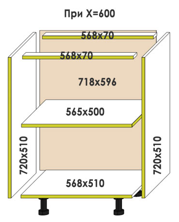 Деталировка нижнего кухонного шкафа с полкой
