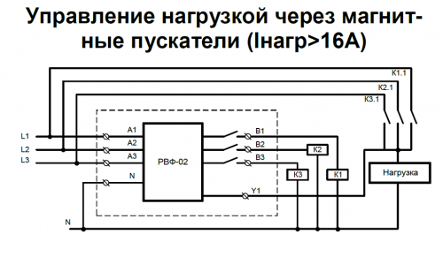 Схема подключения РВФ-02 - управление нагрузкой через магнитные пускатели (Iнагр&gt;16А)