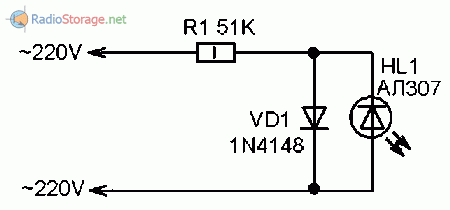 Схема индикатора сети 220В со светодиодом и диодом