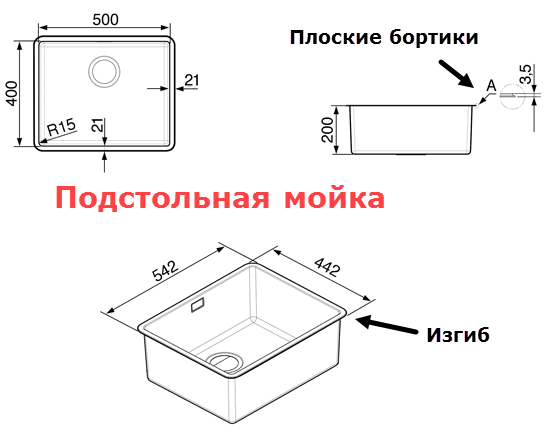 чертеж подстольной мойки