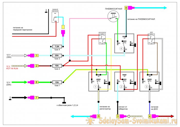 Добавляем блок реле в автомобиль ДХО регистратор пневмосигнал