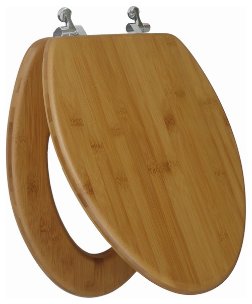 Nature Bamboo Dark Wood Grain Elongated Regular Close Chrome Hinge Toilet Seat