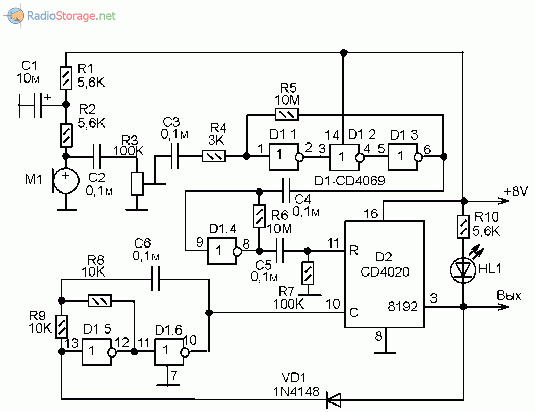 Принципиальная схема акустического датчика (звукового реле) на двух микросхемах