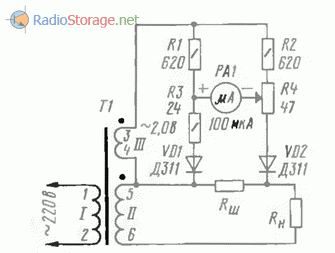 Схема амперметра с трасформатором