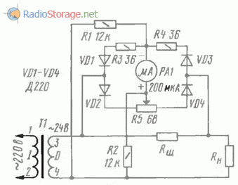 Схема двухполупериодного выпрямителя для амперметра