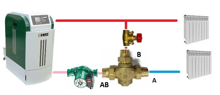 Схема применения трехходового смесительного клапана Herz Teplomix