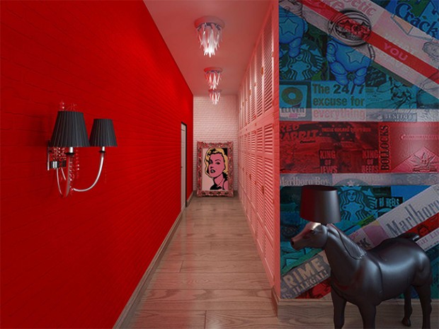 Ярко красный коридор в стиле поп-арт